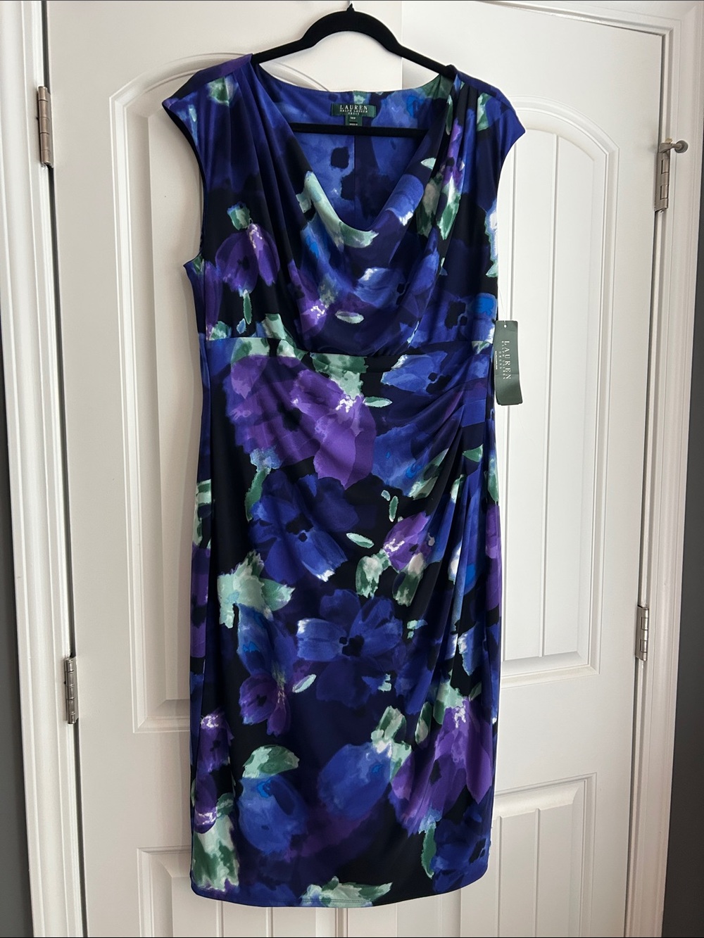 Lauren Ralph Lauren Navy and Purple Floral Cowl-Neck Sheath Dress
